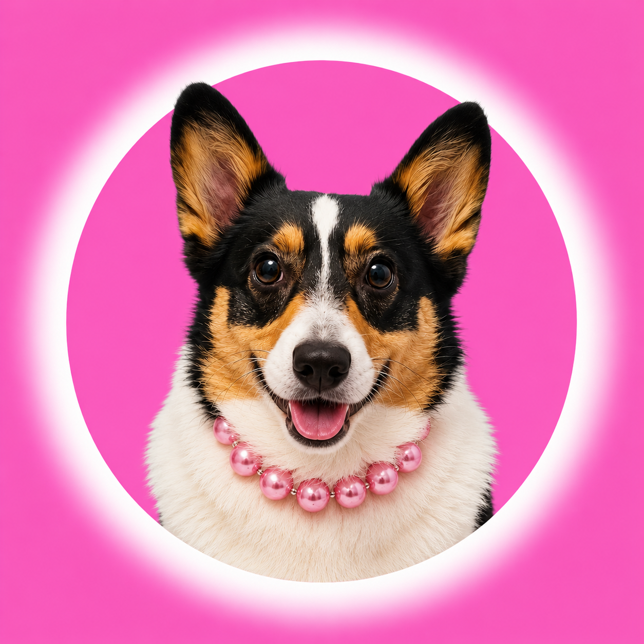 Chloe the corgi smiling in her pink pearl necklace