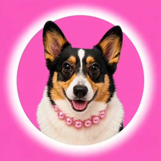 Chloe, a tri-color Pembroke Welsh Corgi wearing a pink pearl necklace